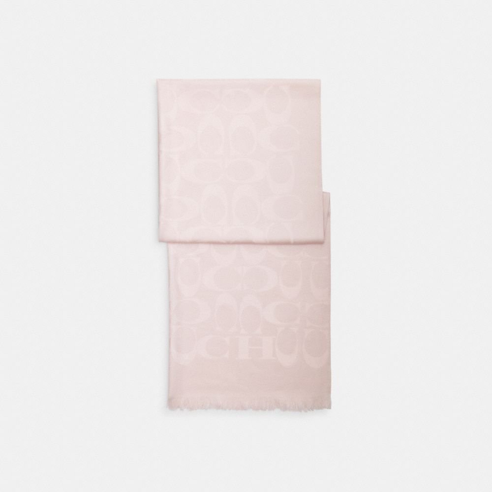 COACH®,Signature Wrap,Wool Blend,Silk,Rectangle,Logo,Frayed,Work,Pink,Front View