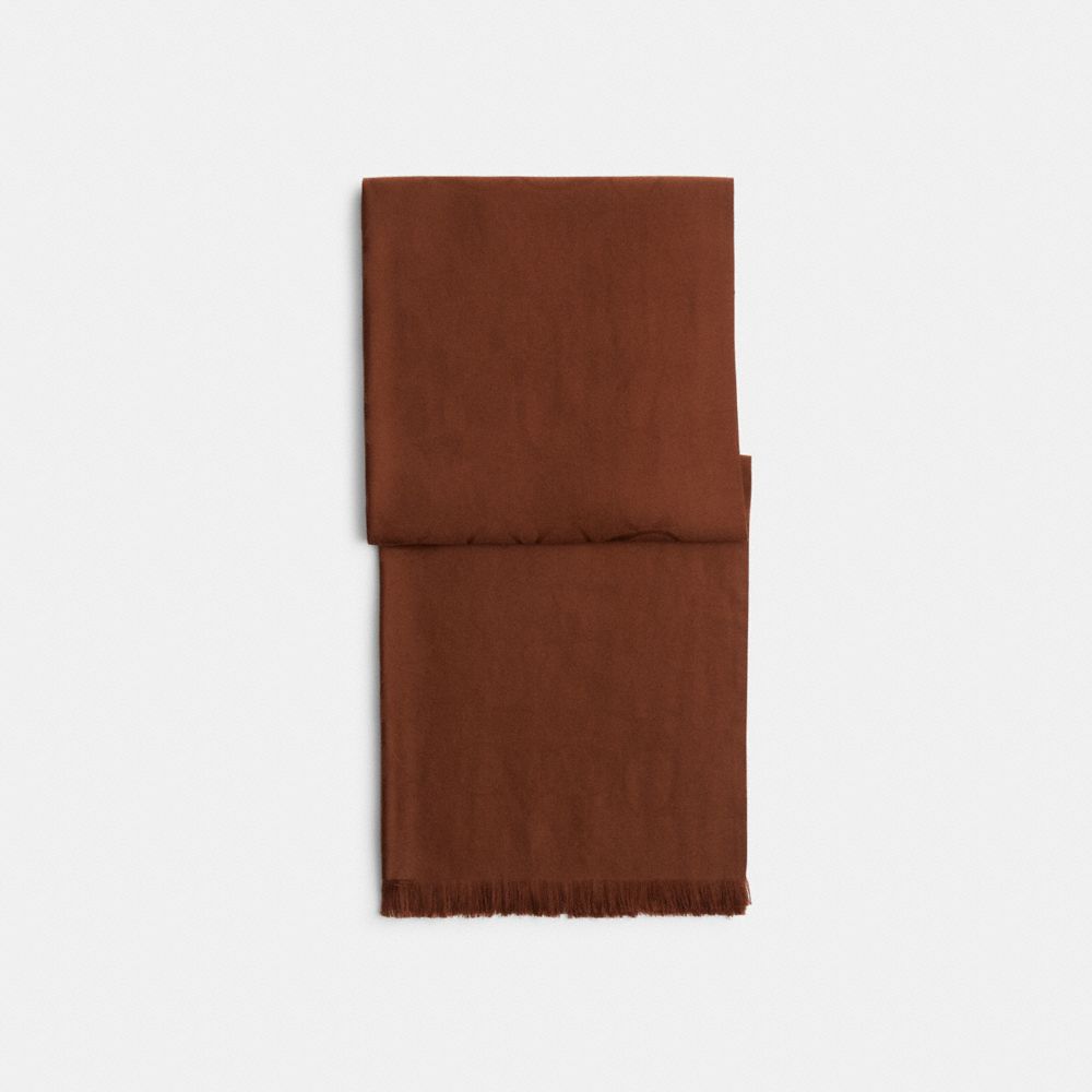 COACH®,Signature Wrap,Wool Blend,Silk,Rectangle,Logo,Frayed,Work,Brown,Front View