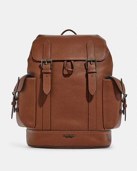 COACH®,HUDSON BACKPACK,Natural Pebble Leather,Large,Gunmetal/Saddle,Front View