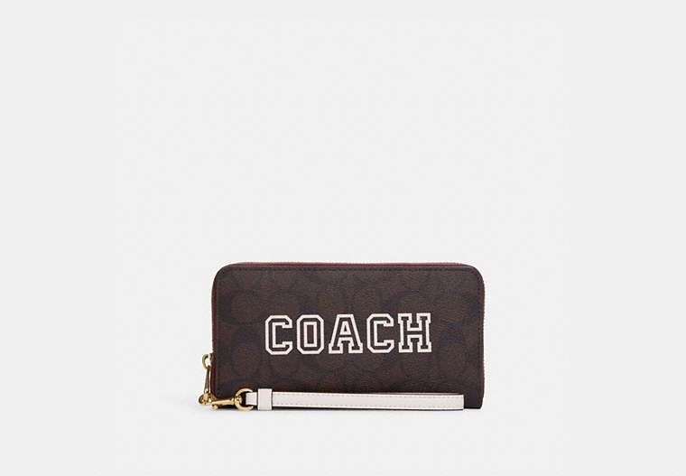 COACH®,LONG ZIP AROUND WALLET IN SIGNATURE CANVAS WITH VARSITY MOTIF,Signature Coated Canvas,Mini,Im/Brown/Chalk Multi,Front View