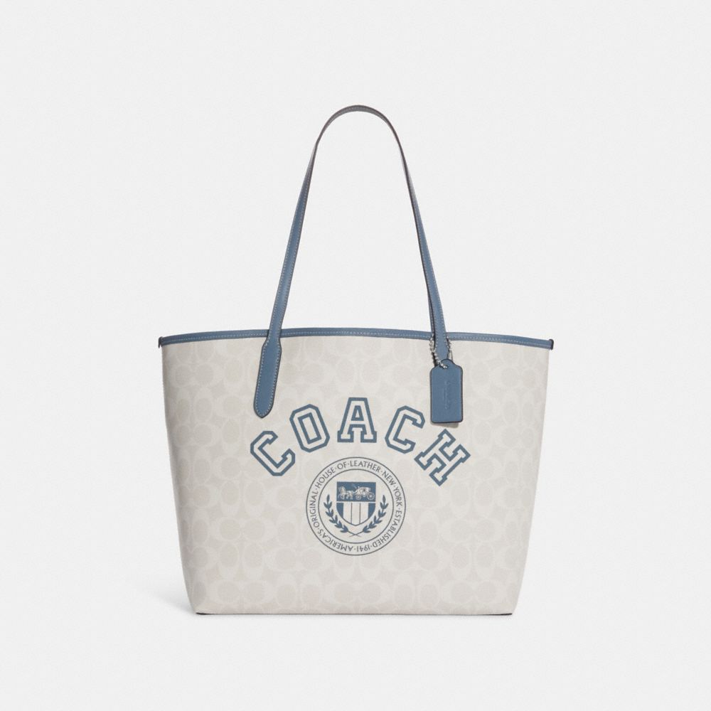 COACH®,City Tote Bag In Signature Canvas With Varsity Motif,,Front View