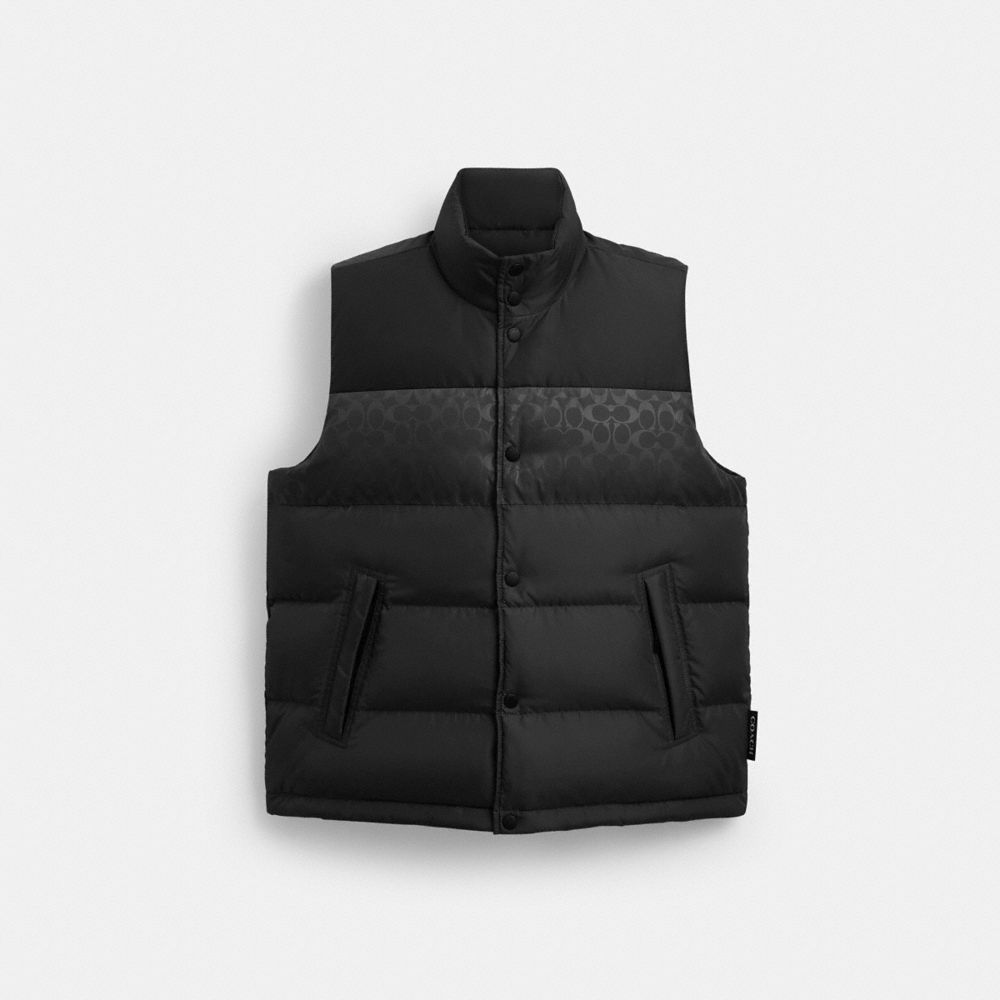COACH®,Reversible Colorblock Down Vest,Polyester,Quilted,Vest,Puffer,Logo,Reversible,Lined,Down Insulation,Casual,Black,Front View