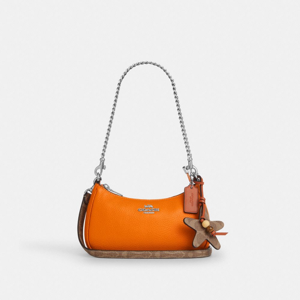 COACH®,Teri Mini Crossbody Bag With Star Charm,Leather,Shoulder Bag,Bead Embellishment,Metal,Logo,Day Party,Casual,Burnt Orange,Front View