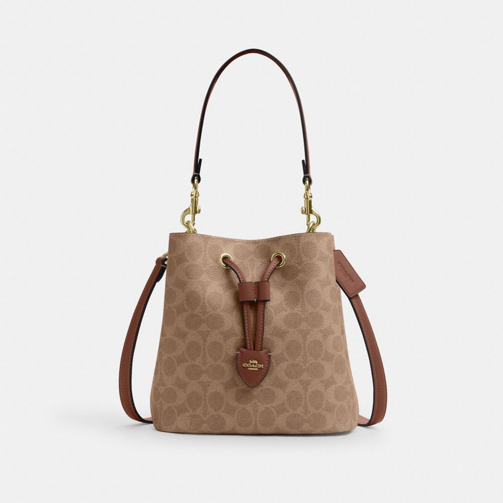 COACH®,Rowan Bucket Bag In Signature Canvas,Leather,Canvas,Bucket,Metal,Casual,Brown,Front View