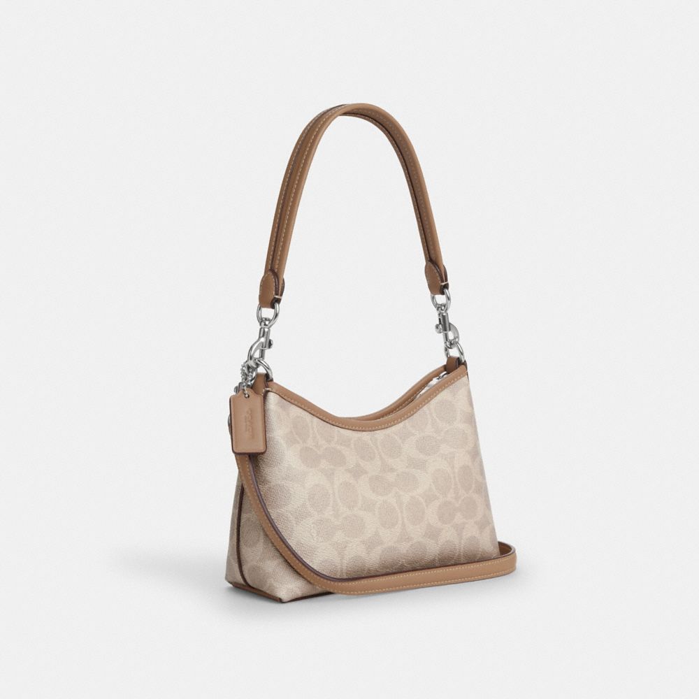 COACH®,Laurel Small Shoulder Bag In Signature Canvas,Canvas,Shoulder Bag,Piping,Metal,Adjustable,Silver Metal,Day Party,Beige,Angle View