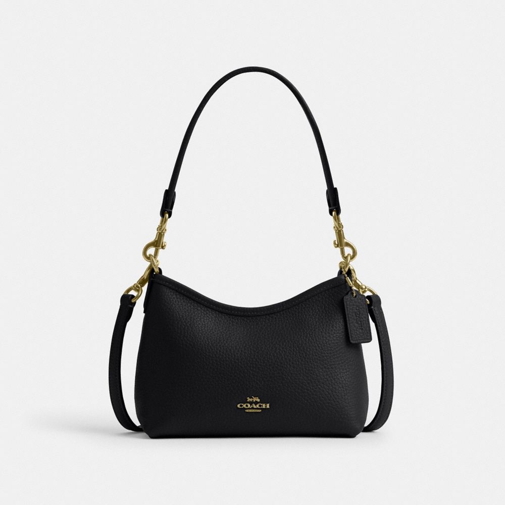 COACH®,Laurel Small Shoulder Bag,Leather,Shoulder Bag,Metal,Logo,Gold Metal,Casual,Black,Front View