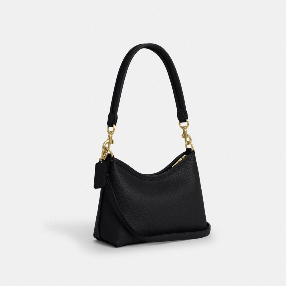 COACH®,Laurel Small Shoulder Bag,Leather,Shoulder Bag,Metal,Logo,Gold Metal,Casual,Black,Angle View