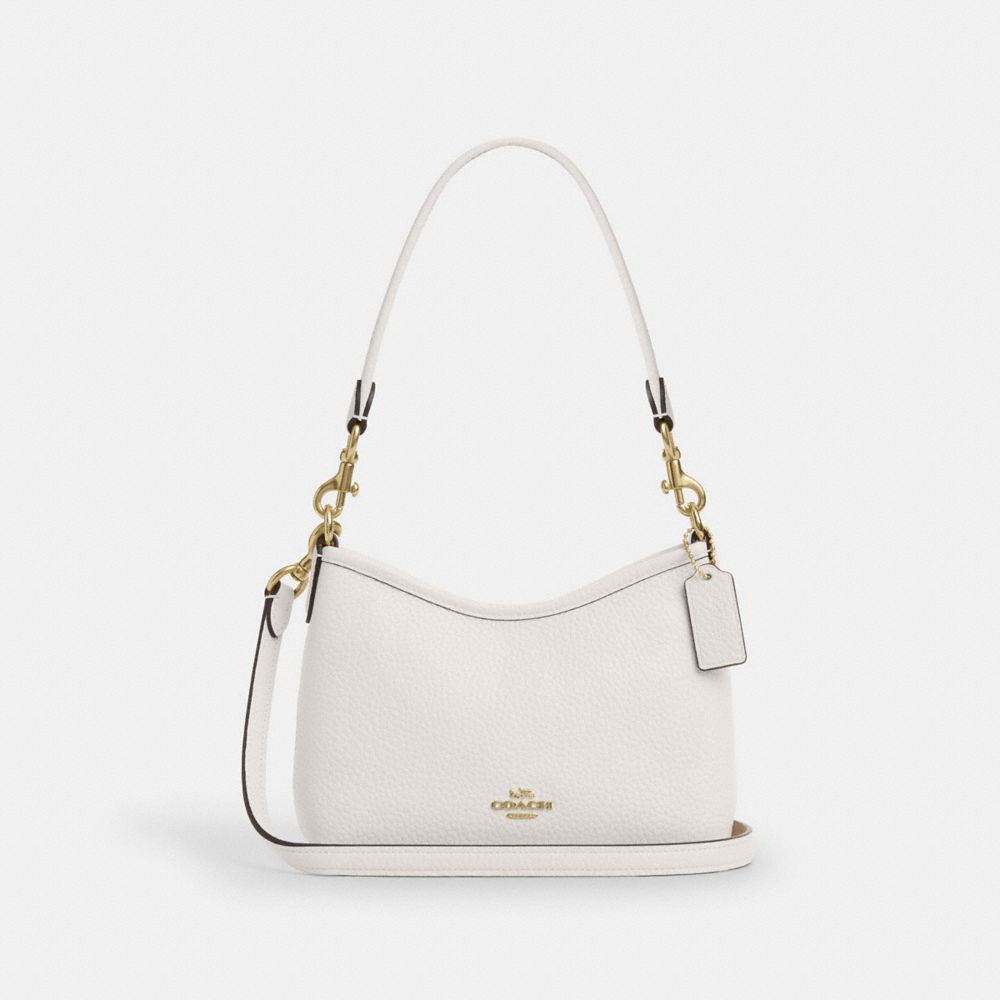COACH®,Laurel Small Shoulder Bag,Leather,Shoulder Bag,Metal,Logo,Gold Metal,Casual,White,Front View