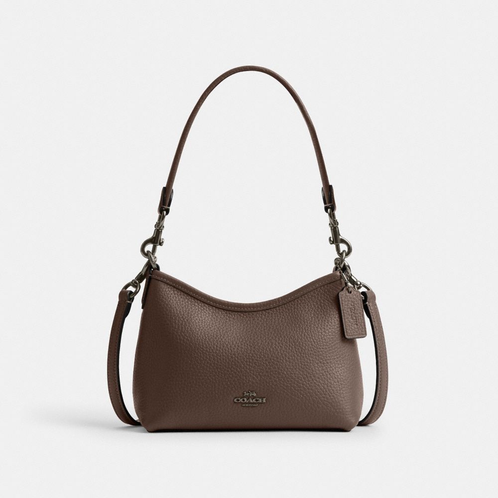 COACH®,Laurel Small Shoulder Bag,Leather,Shoulder Bag,Metal,Logo,Gold Metal,Casual,Brown,Front View