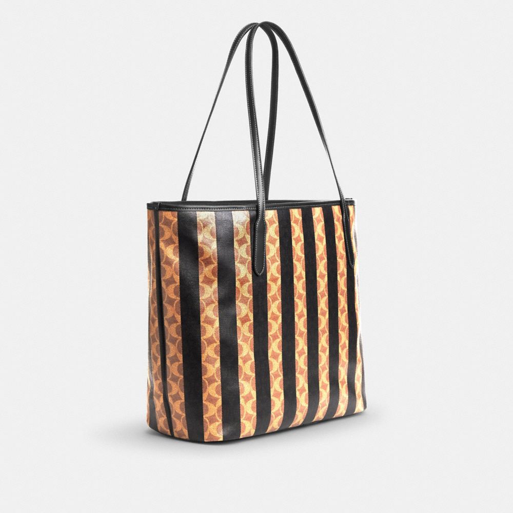 COACH®,Large City Tote Bag In Signature Canvas With Stripe,Canvas,Tote,Piping,Casual,Multi Color,Angle View