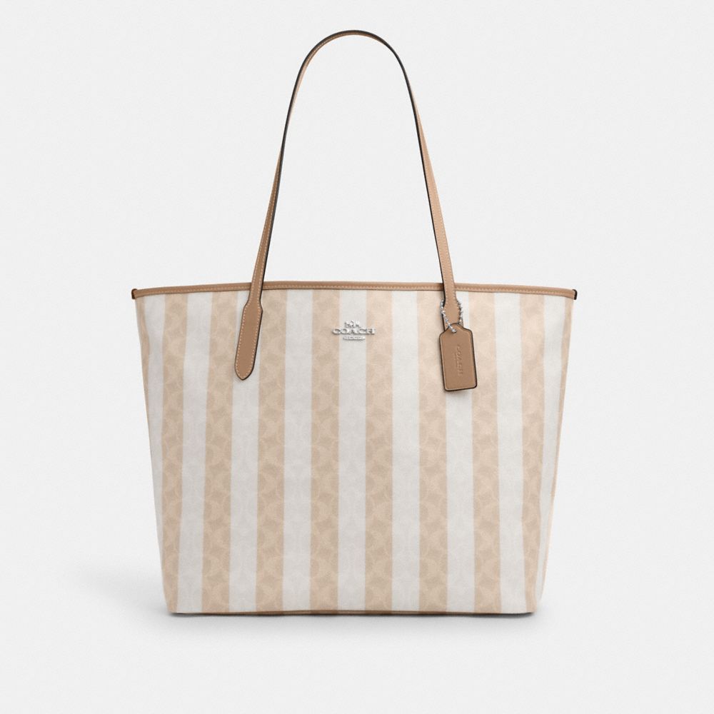 COACH®,Large City Tote Bag In Signature Canvas With Stripe,Canvas,Tote,Piping,Casual,Multi Color,Front View