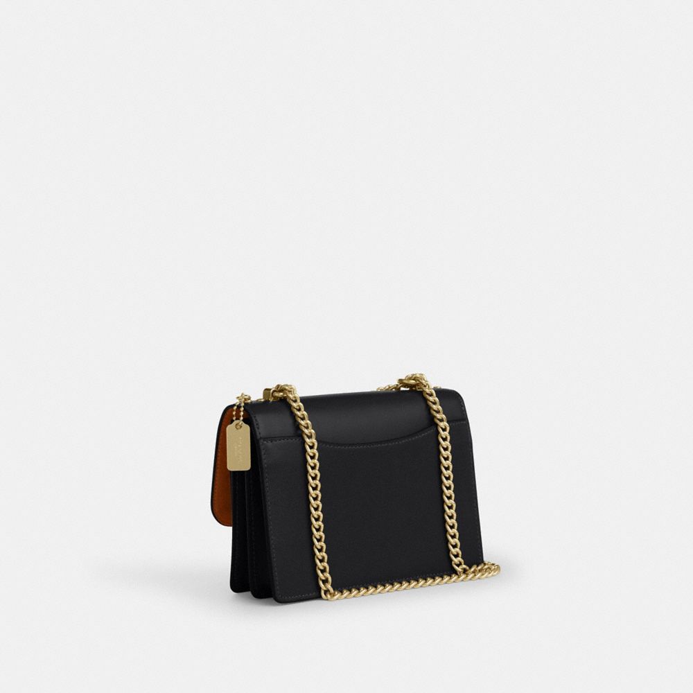 COACH®,Mini Klare Crossbody Bag,Calfskin Leather,Leather,Fabric,Crossbody,Embellished,Compact,Lined,Gold Metal,Day Party,Black,Angle View
