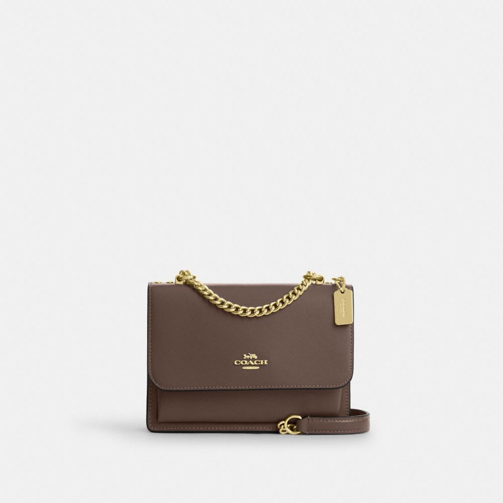 COACH®,Mini Klare Crossbody Bag,Calfskin Leather,Leather,Fabric,Crossbody,Embellished,Compact,Lined,Gold Metal,Day Party,Brown,Front View