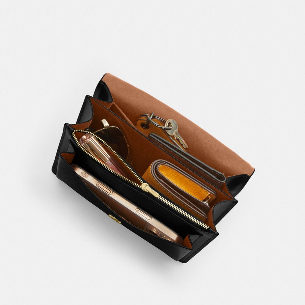 COACH®,Klare Crossbody Bag,Leather,Calfskin Leather,Crossbody,Metal,Logo,Adjustable,Luggage Tag,Compact,Lined,Gold Metal,D...,Black,Inside View,Top View