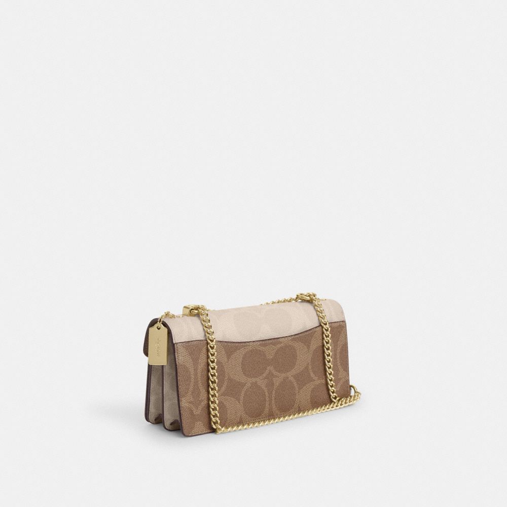 COACH®,Klare Envelope Crossbody Bag In Blocked Signature Canvas,Canvas,Leather,Crossbody,Word Embellishment,Metal,Logo,Gol...,Brown,Angle View