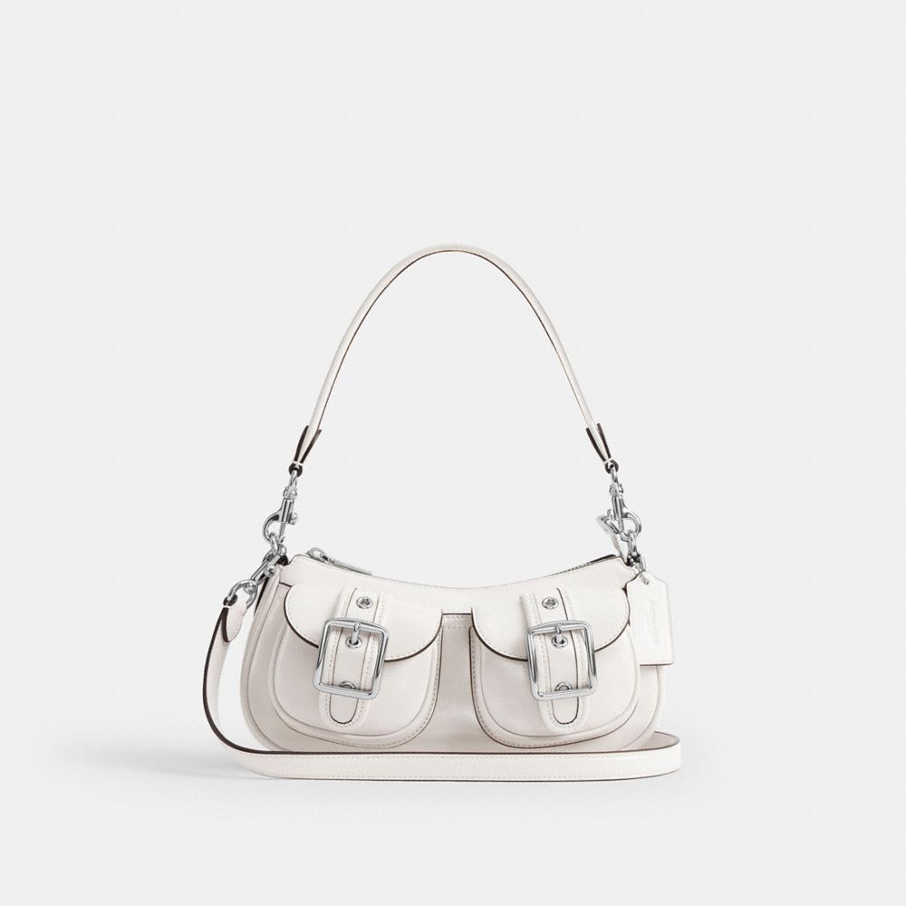 COACH®,Ashton Bag,Leather,Fabric,Shoulder Bag,Luggage Tag,Lined,Compact,Silver Metal,Day Party,White,Front View