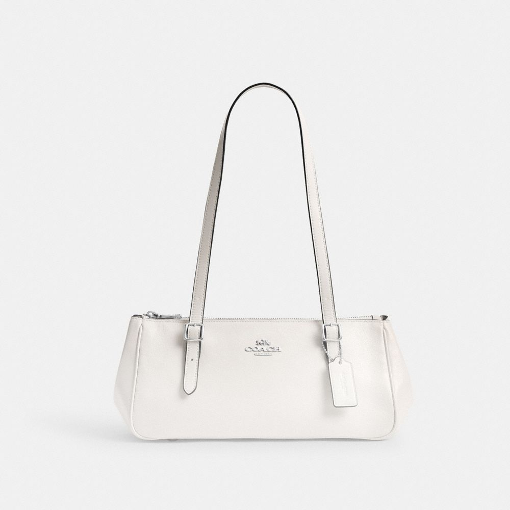 COACH®,Asher Shoulder Bag,Leather,Shoulder Bag,Metal,Logo,Lined,Luggage Tag,Adjustable,Key Ring,Compact,Silver Metal,Casual,White,Front View