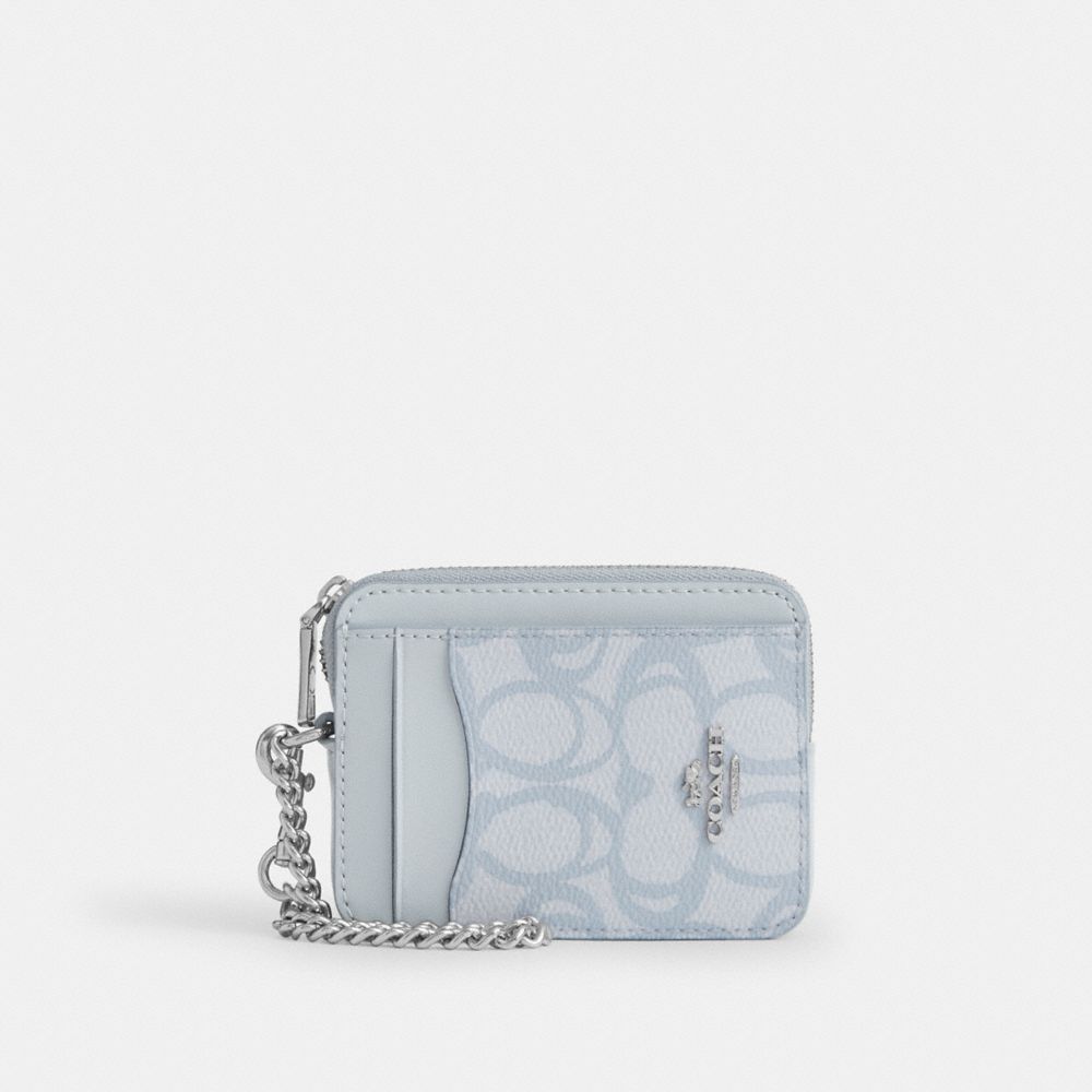 COACH®,Zip Card Case In Sketch Signature Canvas,Canvas,Card Case,Coin,Color Block,Casual,Blue,Front View