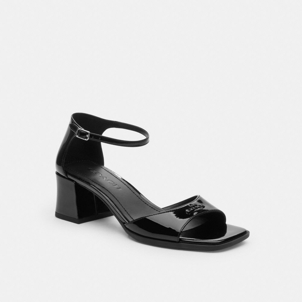 COACH®,Block Heel Sandal,Rubber,Leather,Sandals,Logo,Metal,Pull Tab,Day Party,Black,Front View