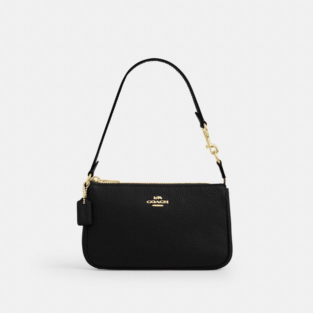 COACH®,Nolita 19,Leather,Pouch,Wristlet,Metal,Logo,Gold Metal,Casual,Black,Front View