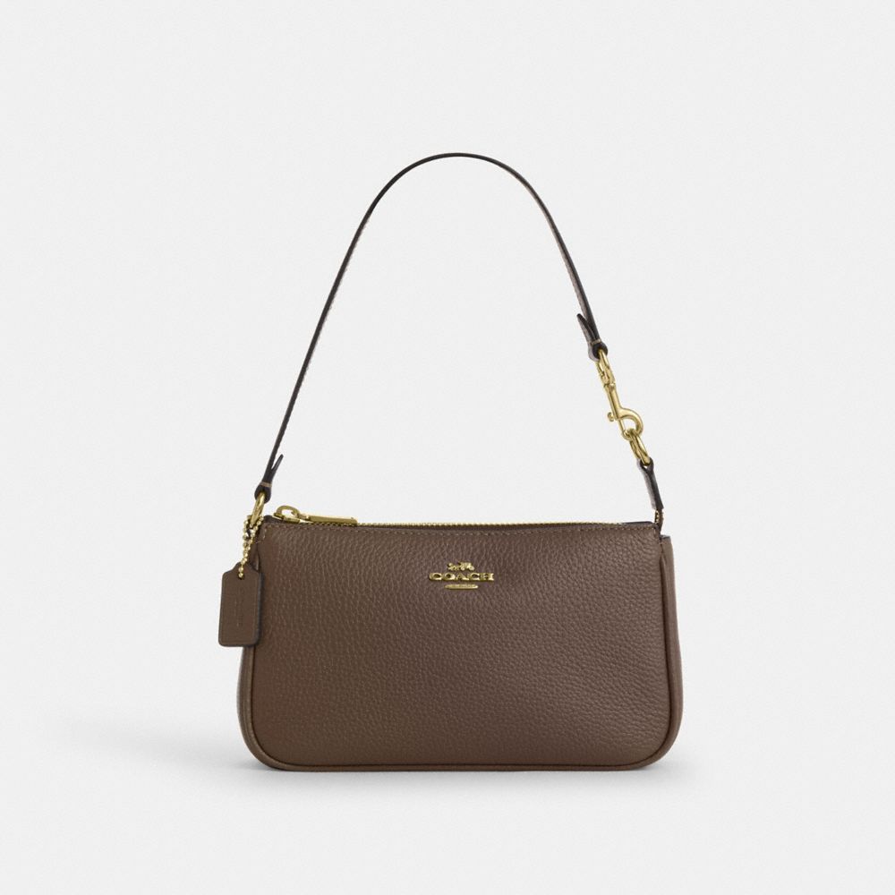 COACH®,Nolita 19,Leather,Pouch,Wristlet,Metal,Logo,Gold Metal,Casual,Brown,Front View