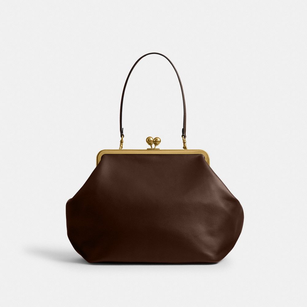 COACH®,Large Kisslock Frame Bag,Lining Leather,Leather,Clutch,Lined,Brass,Day Party,Brown,Front View