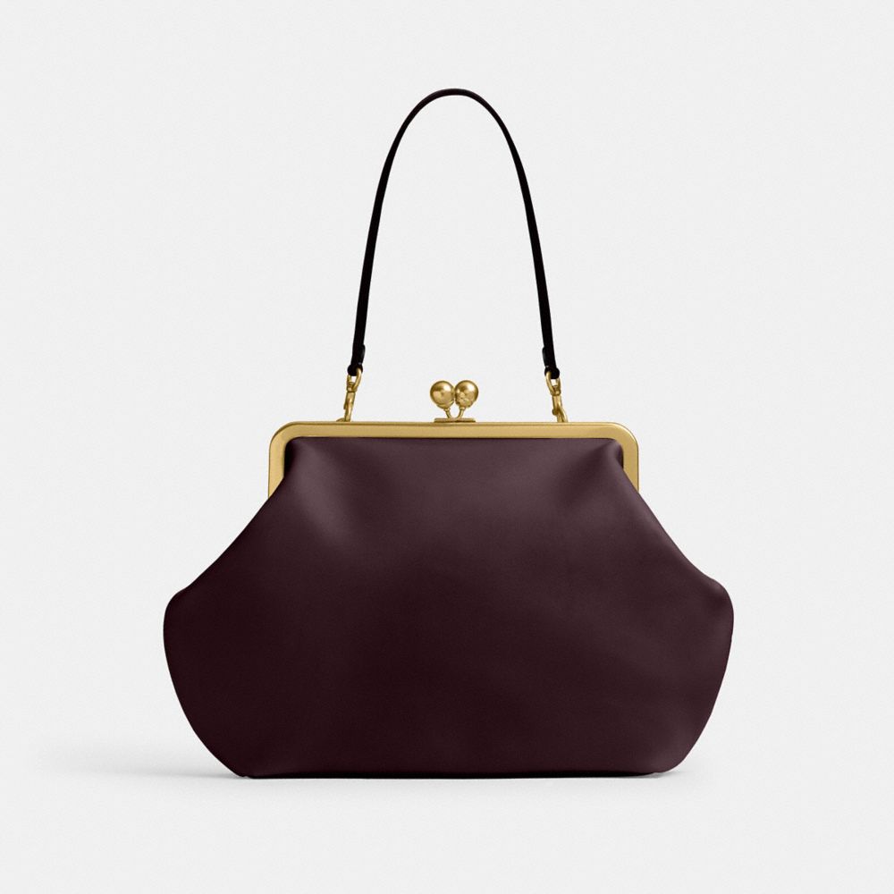 COACH®,Large Kisslock Frame Bag,Lining Leather,Leather,Clutch,Lined,Brass,Day Party,Maroon,Front View