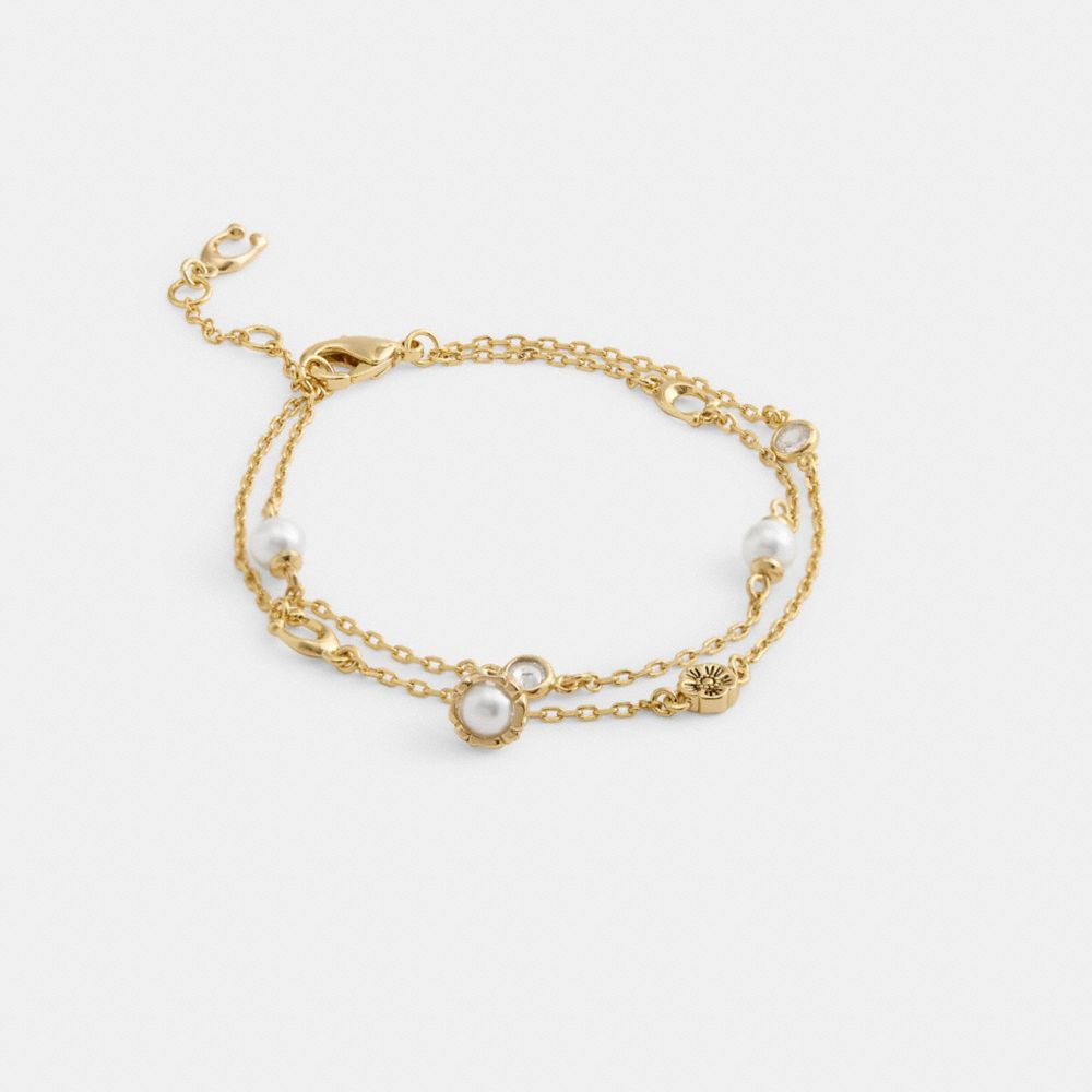 COACH®,Pearl Charm Double Bracelet,Gemstone,Pearl,Cubic Zirconia,Glass,Floral Embellishment,Gem Embellishment,Pearl,Brass,...,White,Front View