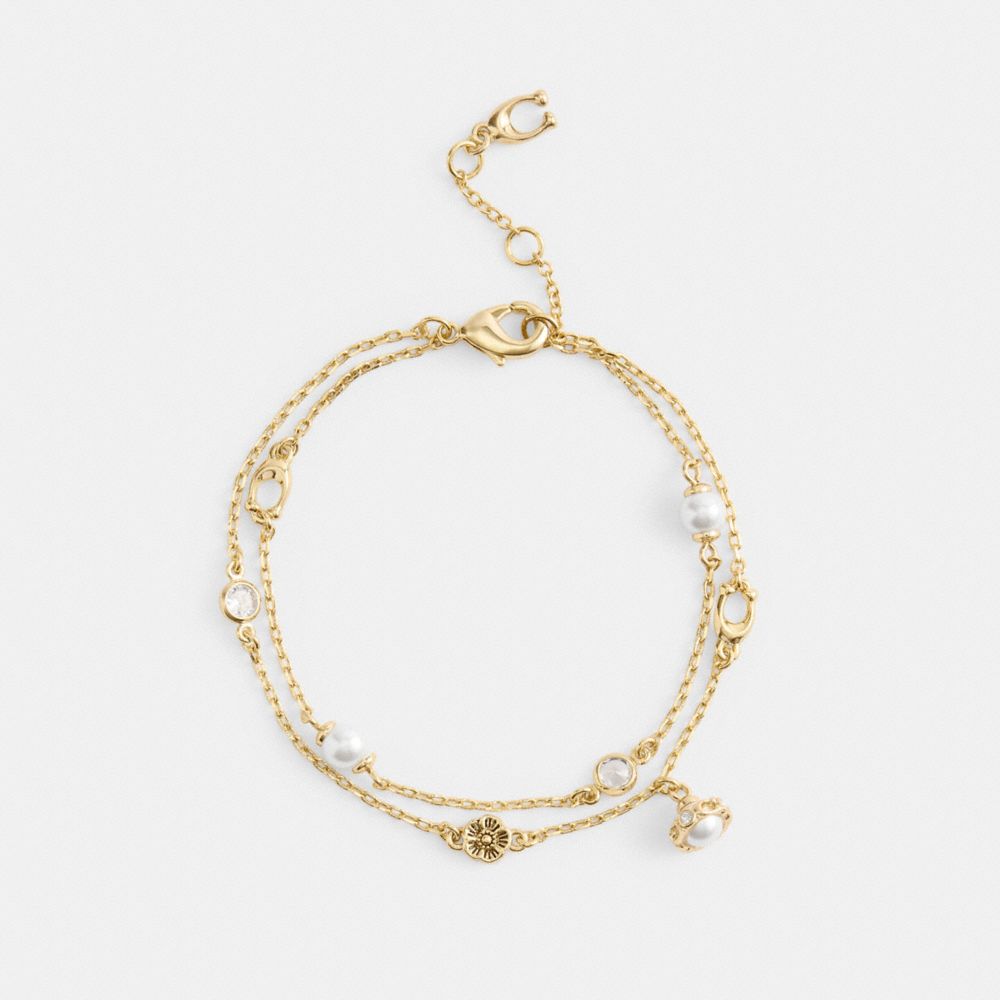 COACH®,Pearl Charm Double Bracelet,Gemstone,Pearl,Cubic Zirconia,Glass,Floral Embellishment,Gem Embellishment,Pearl,Brass,...,White,Inside View,Top View