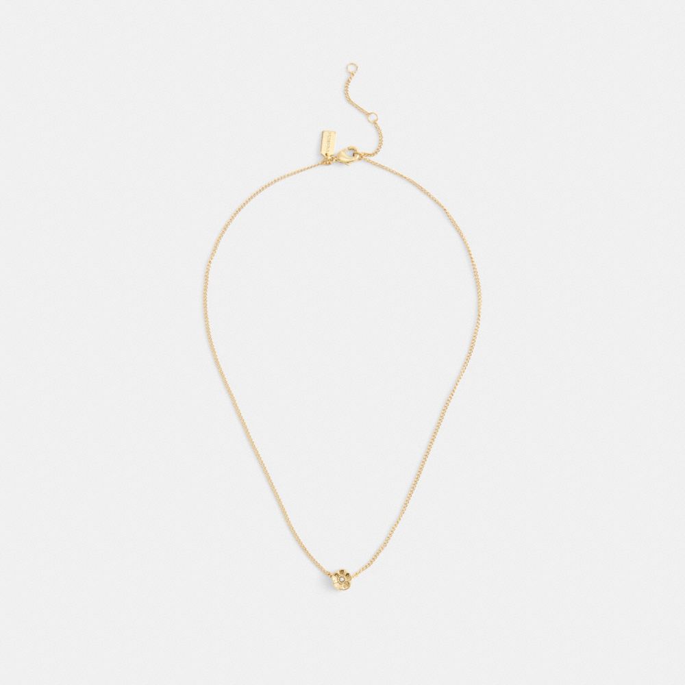 COACH®,Tea Rose Pendant Necklace,Single Strand,Glass,Cubic Zirconia,Floral Embellishment,Bead Embellishment,Pearl,Brass,Ca...,White,Inside View,Top View