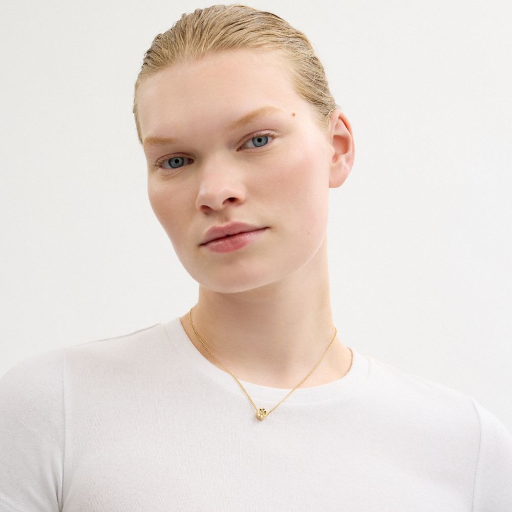 COACH®,Tea Rose Pendant Necklace,Single Strand,Glass,Cubic Zirconia,Floral Embellishment,Bead Embellishment,Pearl,Brass,Ca...,White,Detail View