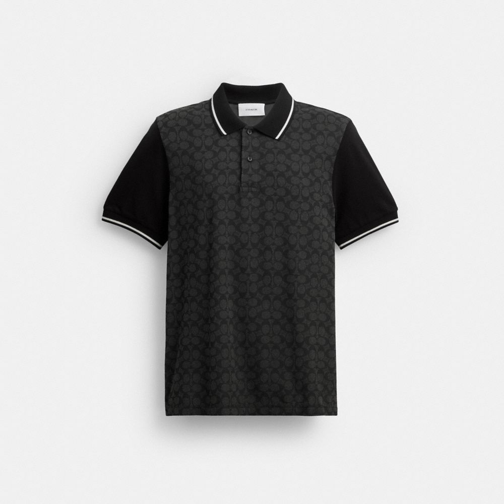COACH®,Signature Polo,Cotton,Polo Shirt,Logo,Piping,Button Down Collar,Breathable,Casual,Gray,Front View