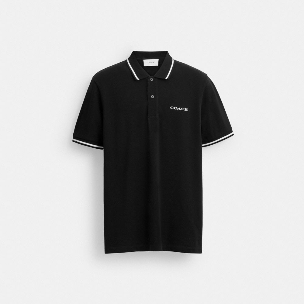 COACH®,Signature Trim Polo In Organic Cotton,Cotton Knit,Organic Cotton,Cotton,Knit,Polo Shirt,Piping,Breathable,Casual,Black,Front View