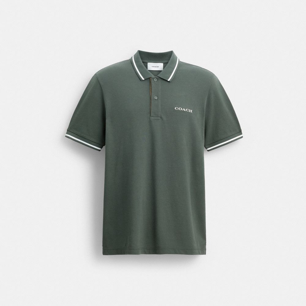 COACH®,Signature Trim Polo In Organic Cotton,Cotton Knit,Organic Cotton,Cotton,Knit,Polo Shirt,Piping,Breathable,Casual,Green,Front View
