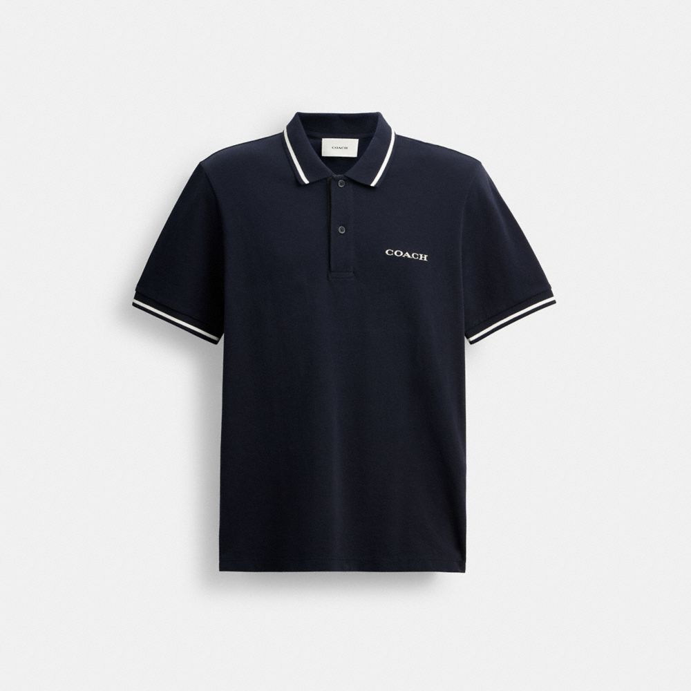 COACH®,Signature Trim Polo In Organic Cotton,Cotton Knit,Organic Cotton,Cotton,Knit,Polo Shirt,Piping,Breathable,Casual,Navy,Front View