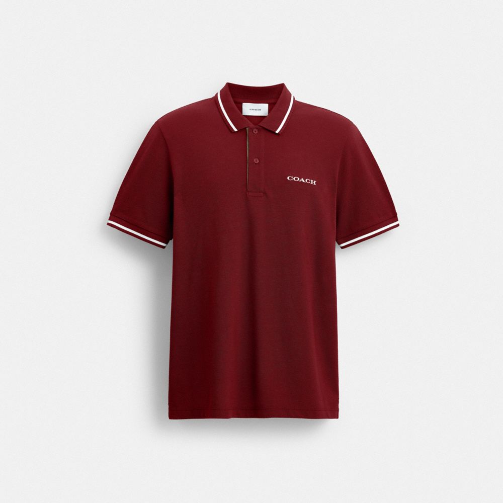 COACH®,Signature Trim Polo In Organic Cotton,Cotton Knit,Organic Cotton,Cotton,Knit,Polo Shirt,Piping,Breathable,Casual,Maroon,Front View