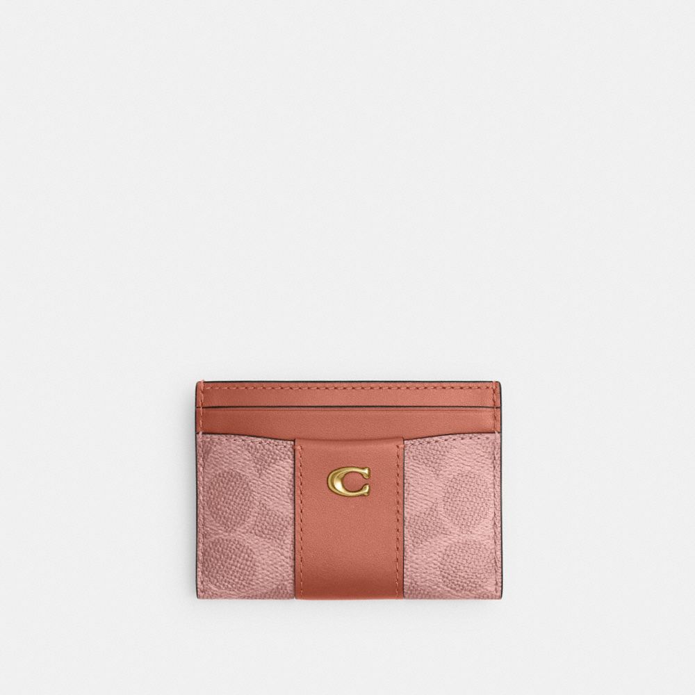 COACH®,Essential Card Case In Signature Canvas,Leather,Canvas,Calfskin Leather,Card Case,Logo,Metal,Embellished,Pattern,Gr...,Multi Color,Front View