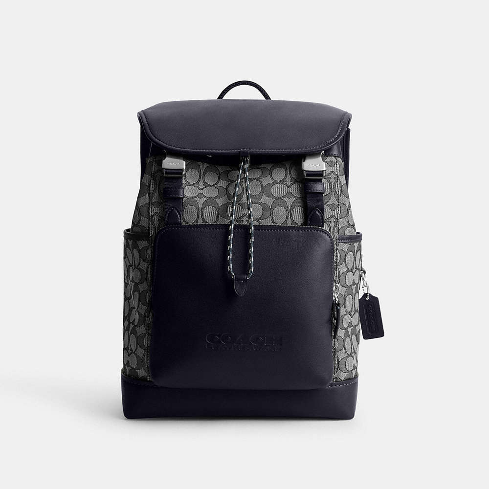 Coach League Flap Backpack In Signature Jacquard In Midnight Navy