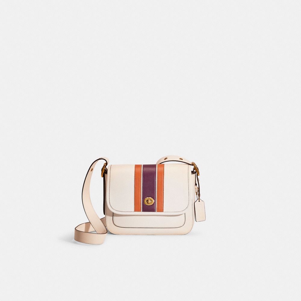 Coach Restored Rambler Crossbody With Varsity Stripe In Brass/chalk Multi