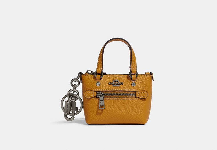 COACH®,MINI GALLERY TOTE BAG CHARM,Crossgrain Leather,Black Antique Nickel/Buttercup,Front View