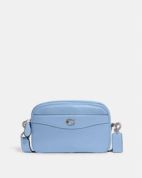 COACH®,CAMERA BAG,Pebble Leather,Small,Silver/Pool,Front View