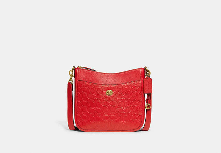 COACH®,CHAISE CROSSBODY IN SIGNATURE LEATHER,Polished Pebble Leather,Medium,Brass/Sport Red,Front View