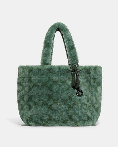 COACH®,TOTE 28 IN SIGNATURE SHEARLING,Shearling/Leather,Medium,Pewter/Green,Front View