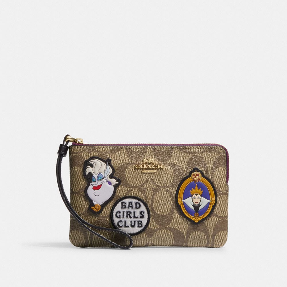 Disney X Coach Corner Zip Wristlet In Signature Canvas With Patches