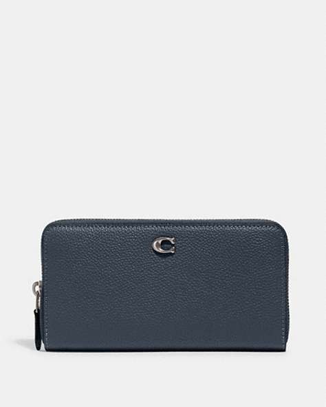 COACH®,ACCORDION ZIP WALLET,Polished Pebble Leather,Mini,Silver/Denim,Front View