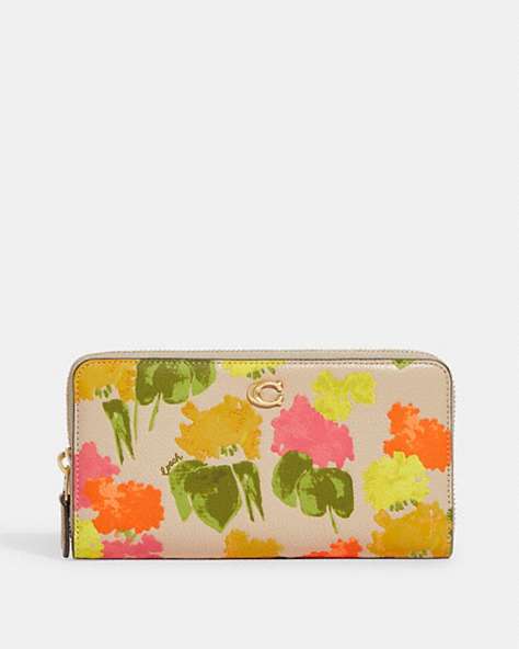 COACH®,ACCORDION ZIP WALLET WITH FLORAL PRINT,Polished Pebble Leather,Mini,Brass/Multi,Front View