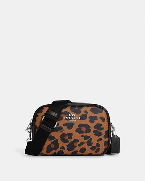 COACH®,JAMIE CAMERA BAG WITH SIGNATURE CANVAS AND LEOPARD PRINT,Leather,Large,Anniversary,Silver/Light Saddle Multi,Front View