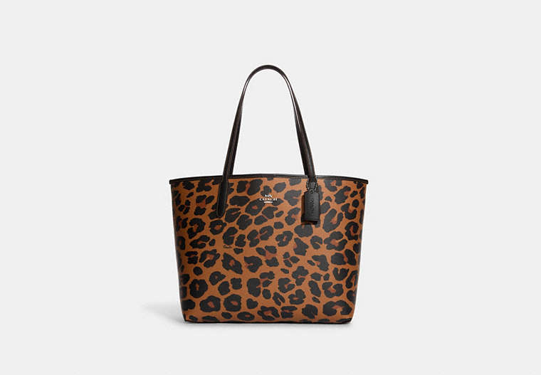 COACH®,CITY TOTE WITH LEOPARD PRINT AND SIGNATURE CANVAS INTERIOR,Leather,Large,Silver/Light Saddle Multi,Front View