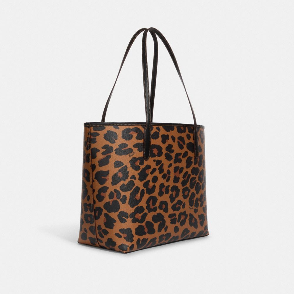 COACH®,City Tote Bag With Leopard Print And Signature Canvas Interior,Canvas,Leather,Tote,PVC,Piping,Silver Metal,Casual,Brown,Angle View