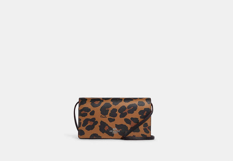 COACH®,ANNA FOLDOVER CLUTCH CROSSBODY WITH LEOPARD PRINT AND SIGNATURE CANVAS,Leather,Medium,Silver/Light Saddle Multi,Front View